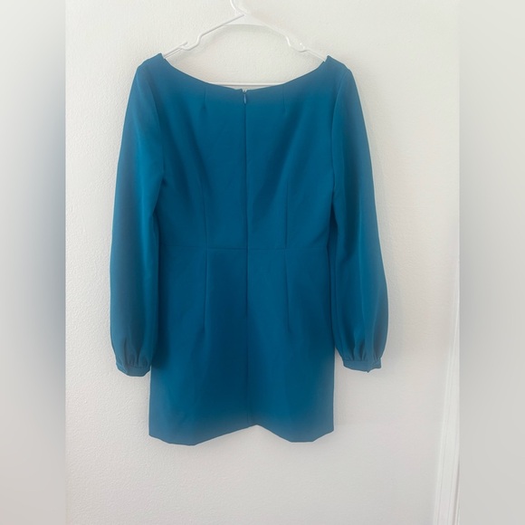 Milly Teal Long Sleeve Split Neck Mini Dress Puff Sleeve Cocktail Party Size 8 - Picture 2 of 12